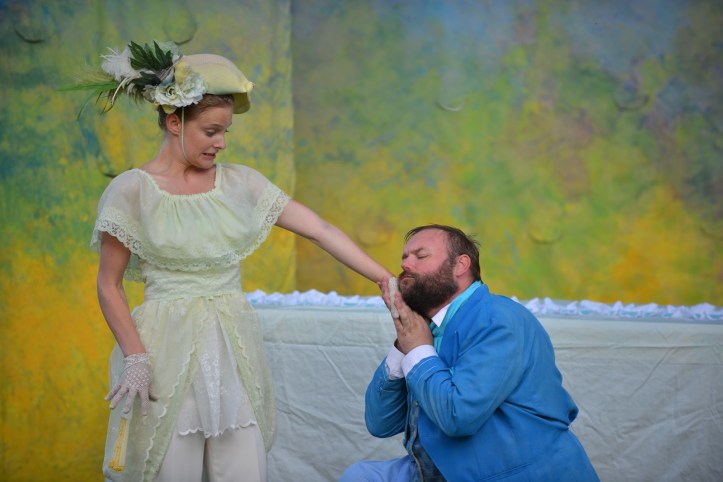 Mistress Page (Katie Ryerson) gets some unwanted attention from Falstaff (Matthew John Lundvall).  Pic by Andrew Alexander.