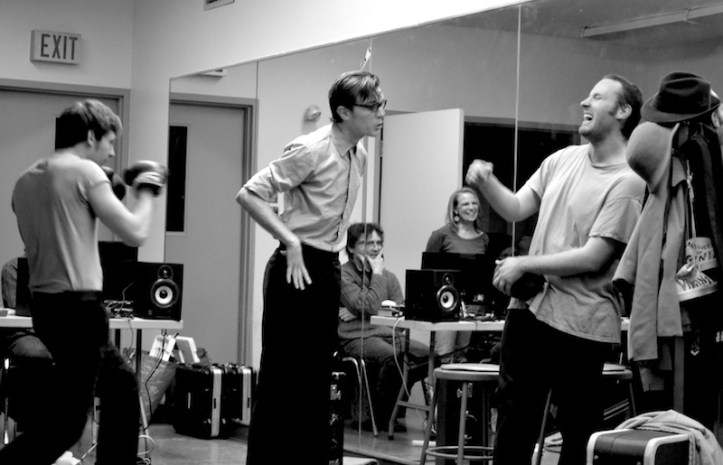 Happy, Bernard and Biff  (Cory, Matt and Leslie) in rehearsal for Death of a Salesman.  Photo by Jen Vawer.